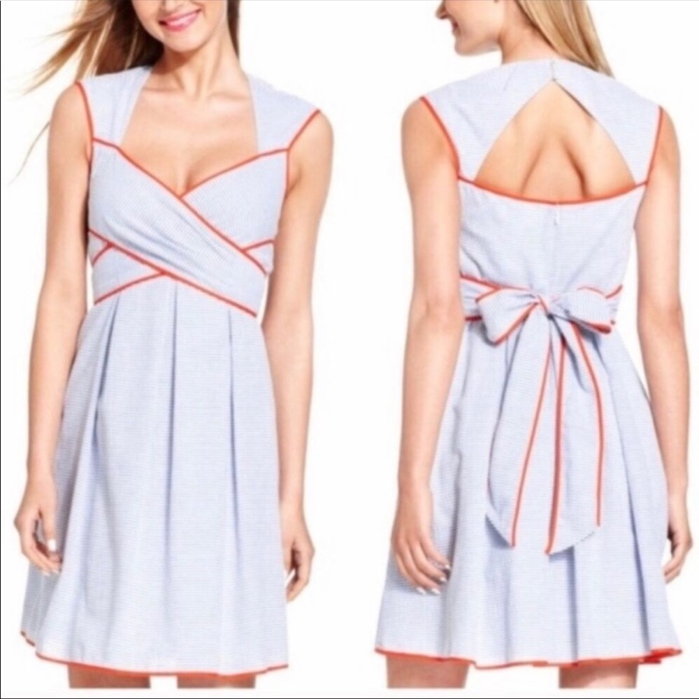 Esley Light Blue Seersucker Dress with Coral Piping